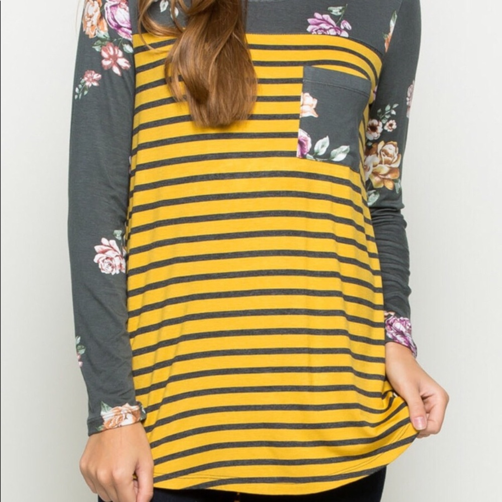 Yellow and Grey Top with Floral Sleeves